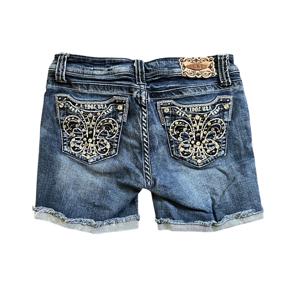 VTG Y2K Denim Shorts LA IDOL JEANS Crystals Thick Stitch FLEUR-DE-LIS sz M 28"